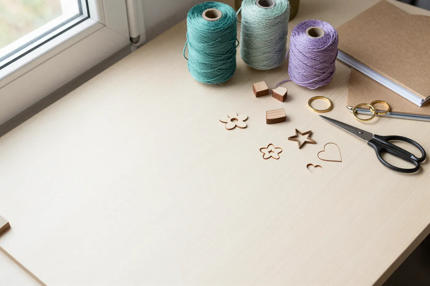Top-down workbench: a birch sheet with cut-out flowers and hearts, spools of teal, mint and lilac cord, brass keyrings and scissors.